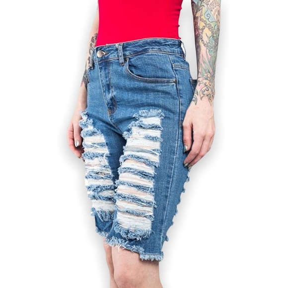 American Bazi Women's Blue Destroyed Denim Distressed Capri Knee Long Shorts - Picture 2 of 11